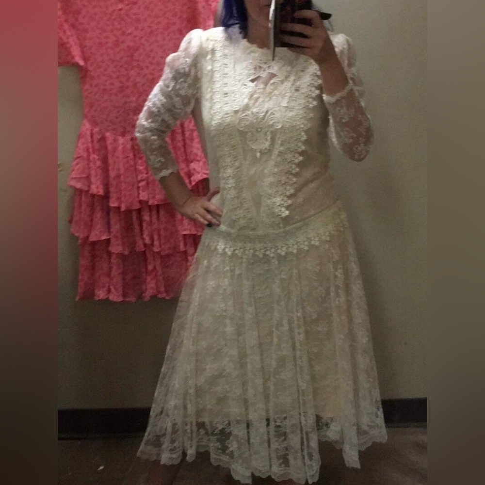 Jessica McClintock Cream Gown with Bishop Sleeves and Bib Collar